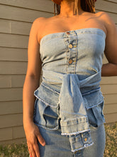 Load image into Gallery viewer, Denim dress with sleeve tie belt
