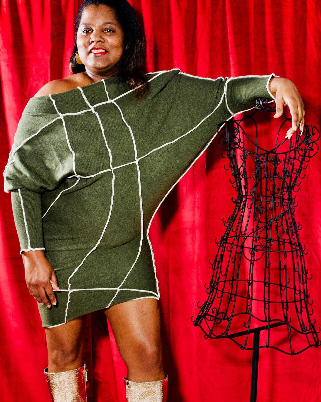 Army Green Asymmetrical Sweater Knit Dress